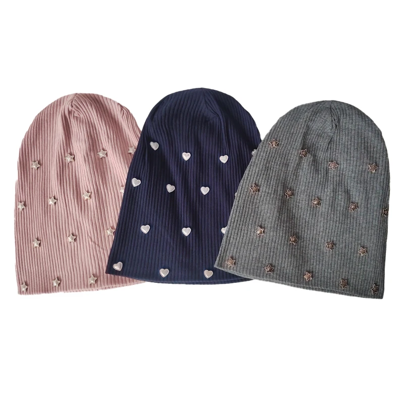 Geebro Star Ribbed Cotton knitted skullies Beanie For Women Casual Soft Design Solid Heart Bonnets hat Slouchy  Ladies Hat 4