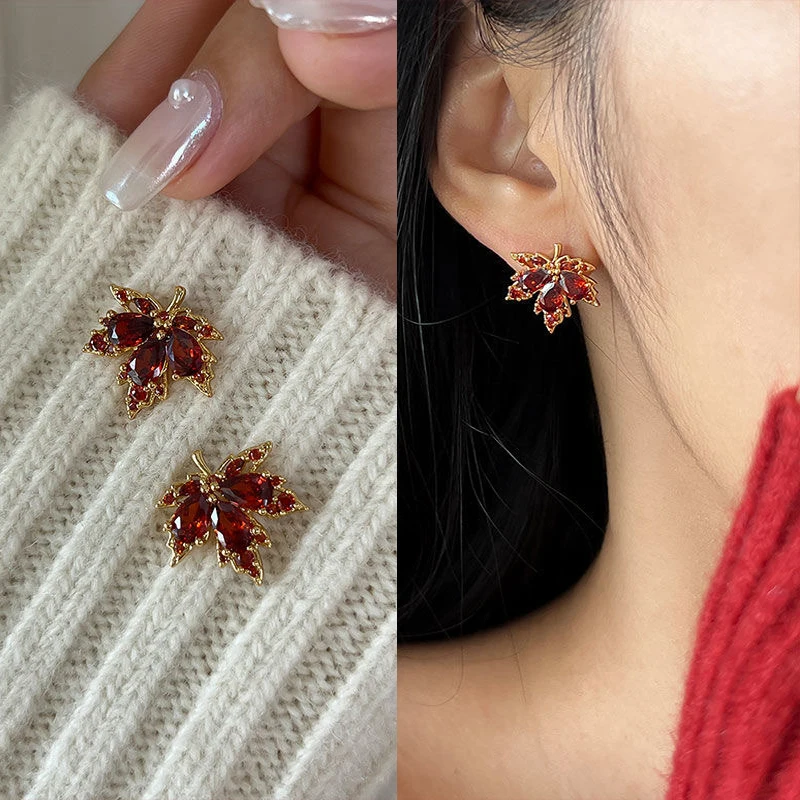 Frigotine Fall Maple Leaf Stud Earrings & Necklace Set - Vintage Orange Rhinestone Cubic Zirconia Dangle Jewelry - View #5