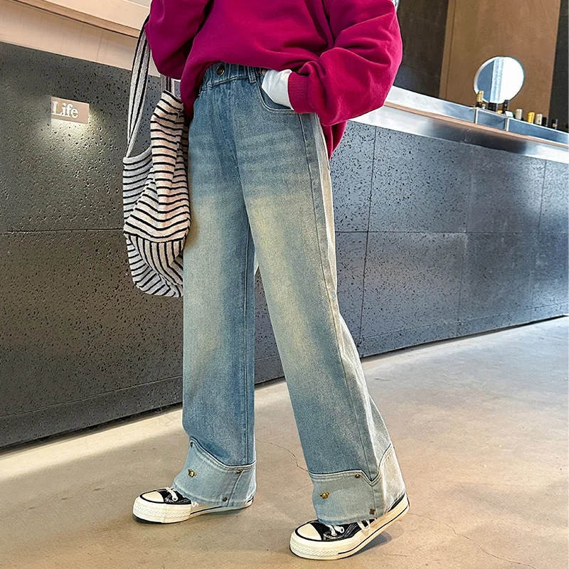 

Джинсовые брюки для девочек, длинные брюки из хлопка, милые весенне-осенние детские брюки для подростков, спортивная детская одежда для подростков, 2024