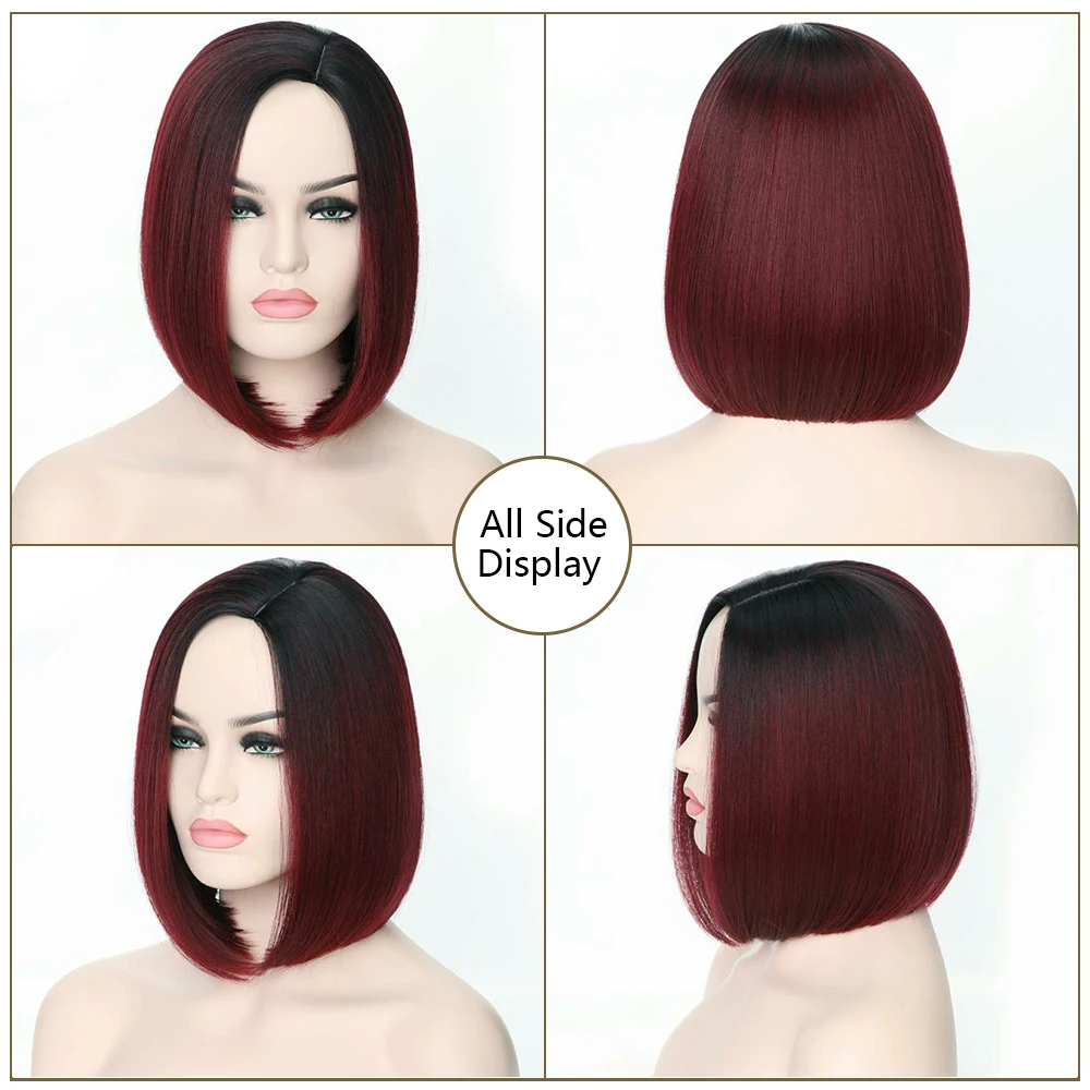Synthetic Short Ombre Dark Root to Wine Red  Straight 13.5Inch Bob Hair Wig for Women Natural Looking Daily Use or Cosplay Wig