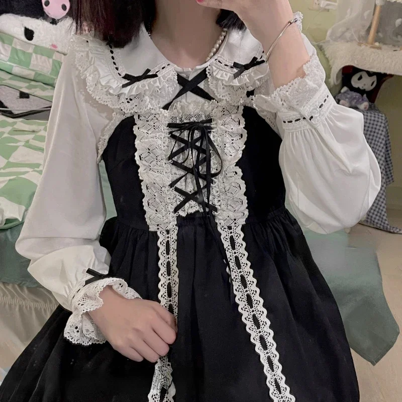 

Japanese Vintage Sweet Lolita Shirts Women Kawaii Bow Peter Pan Collar Short/Long Sleeve Blouses Girls Gothic JK Blusas Mujer