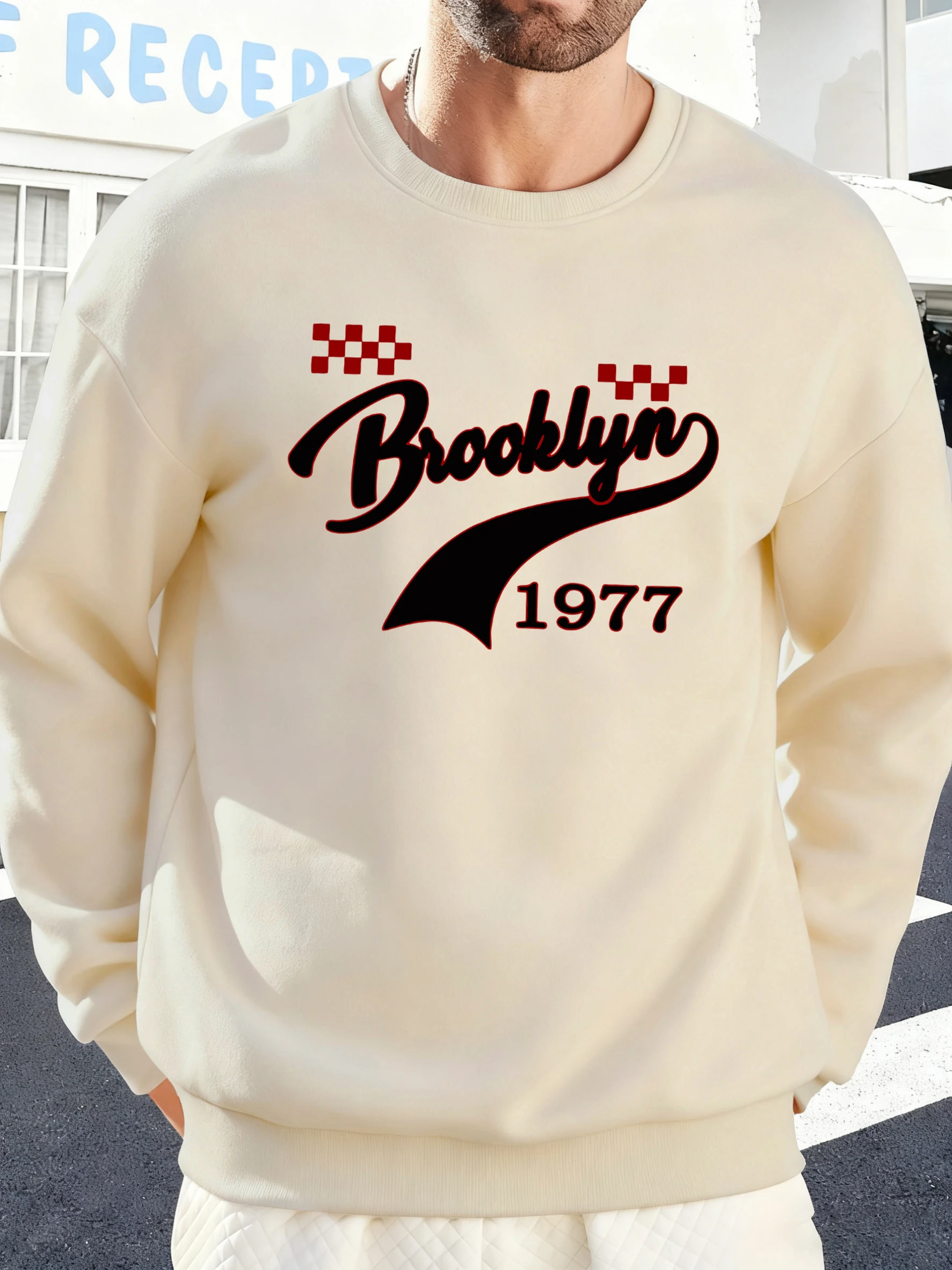 Brooklyn 1977 Yaratıcı Baskılı Erkek Sonbahar Kazak Yumuşak Rahat Üstler Polar Tüm Maçlarla Uyumlu Kazak Bisiklet Yaka Büyük Beden Spor Giyim