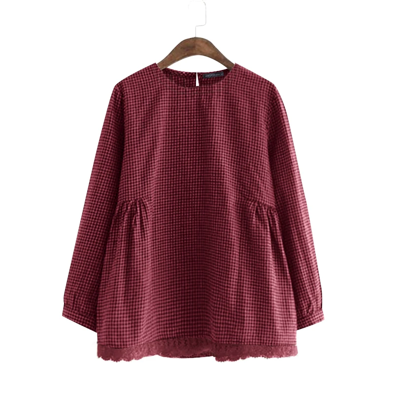 ZANZEA Women Casual Plaid Blouse Korean Lace Patchwork Tops Shirt 2024 Autumn Loose Long Sleeve Tunic Harajuku Round Neck Blusas