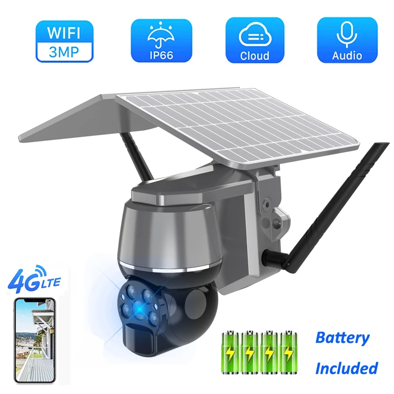 HONTUSEC 4G Solar PTZ Outdoor IP66 3MP 360 IP PTZ Camera Built-in Rechargeable Battery PIR Detect Two Way Audio Solar Camera