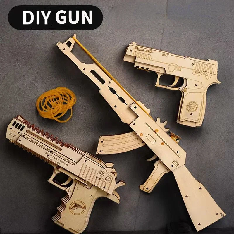 DIY AK47 Sand Eagle Rubber Band Guns Toys Wooden Mechanical Shooting Models Kits Assembly Build Block for Children Gifts