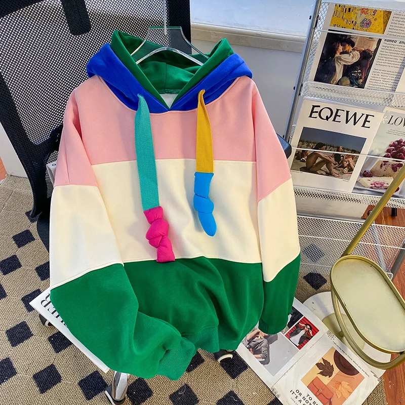 Oversize Contrast Fleece Hoodie Sweatshirt for Women - true deals club