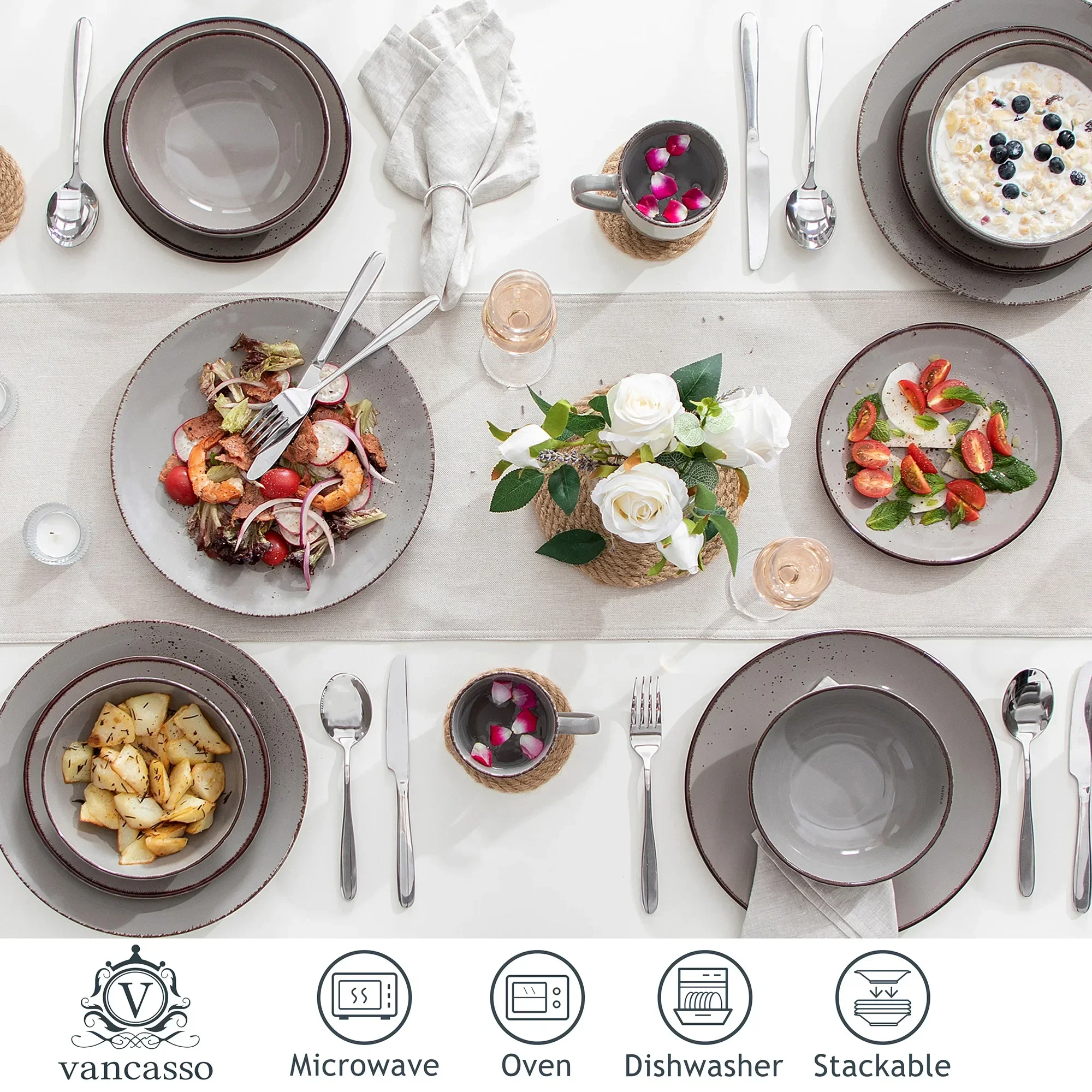 Navia Grey 16/32/48-Piece Ceramic Stoneware Dinnerware Set with Dinner Plate Dessert Plate 800ml Bowl Mug Tableware Set