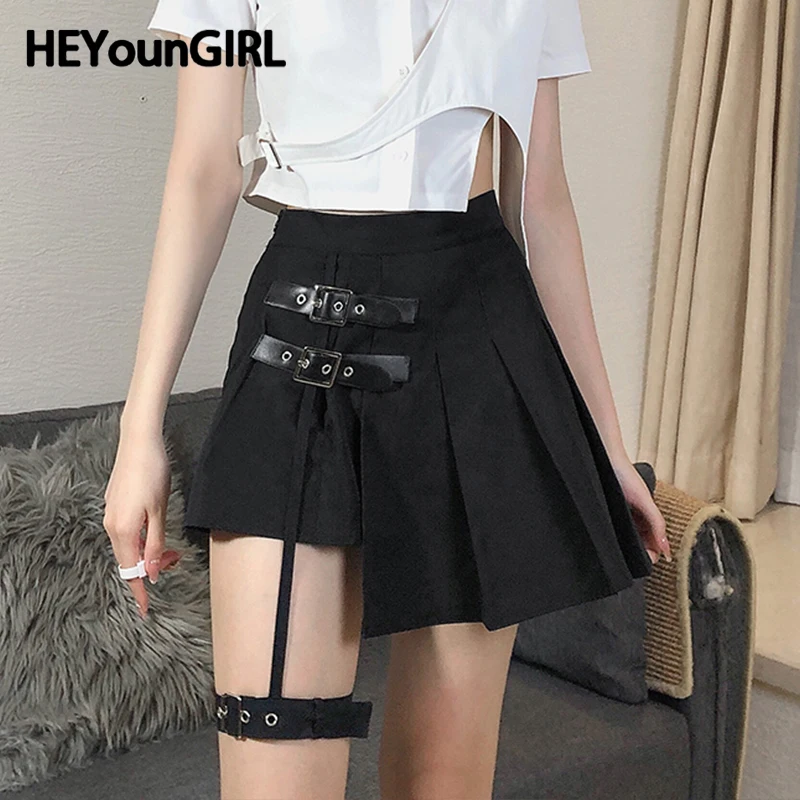 Heyoungirl Gothic Harajuku Pleated Skirts Women With Leg Ring Black
