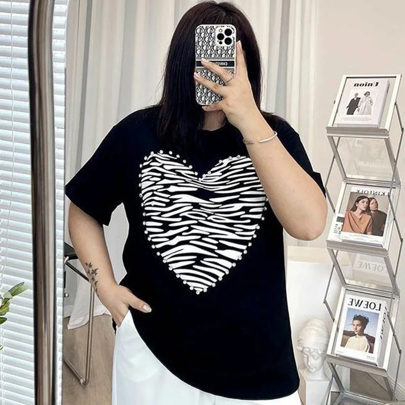 Korean Plus Size Clothes Crew Neck Big Love the Heart Printing T-Shirt Summer Black Versatile Short Sleeve Loose Women's Top