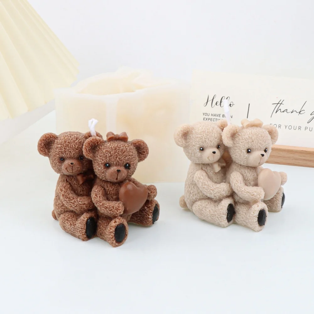 Silicone Mold Silicone Candle Mold Aromatherapy Candle Mold 3D Teddy Bear Silicone Scented Candle Mold Lover Couple Bears Resin Painting Plaster Clay DIY Tool Valentine's Day Home Decor