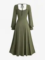 ROSEGAL Plus Size Women's Lace Up Ruched Ruffles Poet Sleeves Dress New Spring Autumn Casual Midi Solid Color Dresses - Image 2