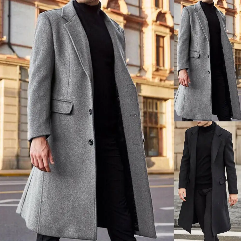 

Men Wool Blends Coats Winter Coat Men's Wool Coats Long Sleeve Stand Collar Mid-length Woolen Coat Jacket Overcoat veste homme