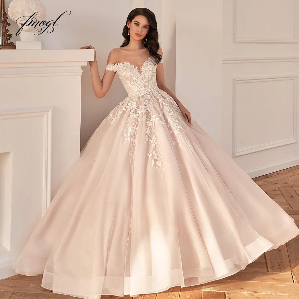 Fmogl Vestidos De Noiva Long Sleeve Boat Neck Vintage Wedding Dresses 2021 Luxury Court Train Appliques Lace A Line Bride Gown main image 0
