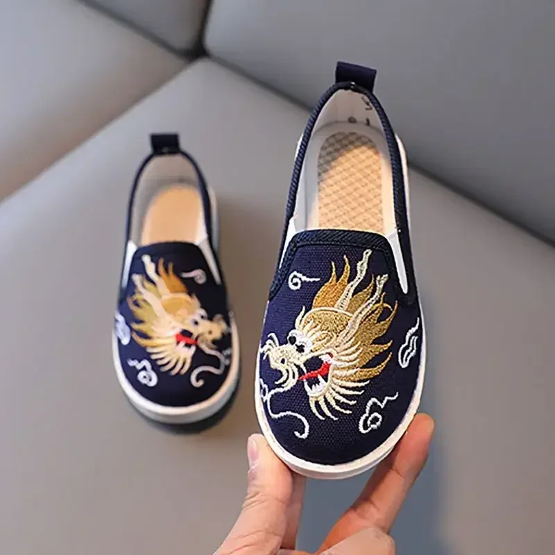 Dragon Embroidered Cotton Shoes Children Boys Chinese Martial Arts Kung Fu Tai Chi Performance Shoes