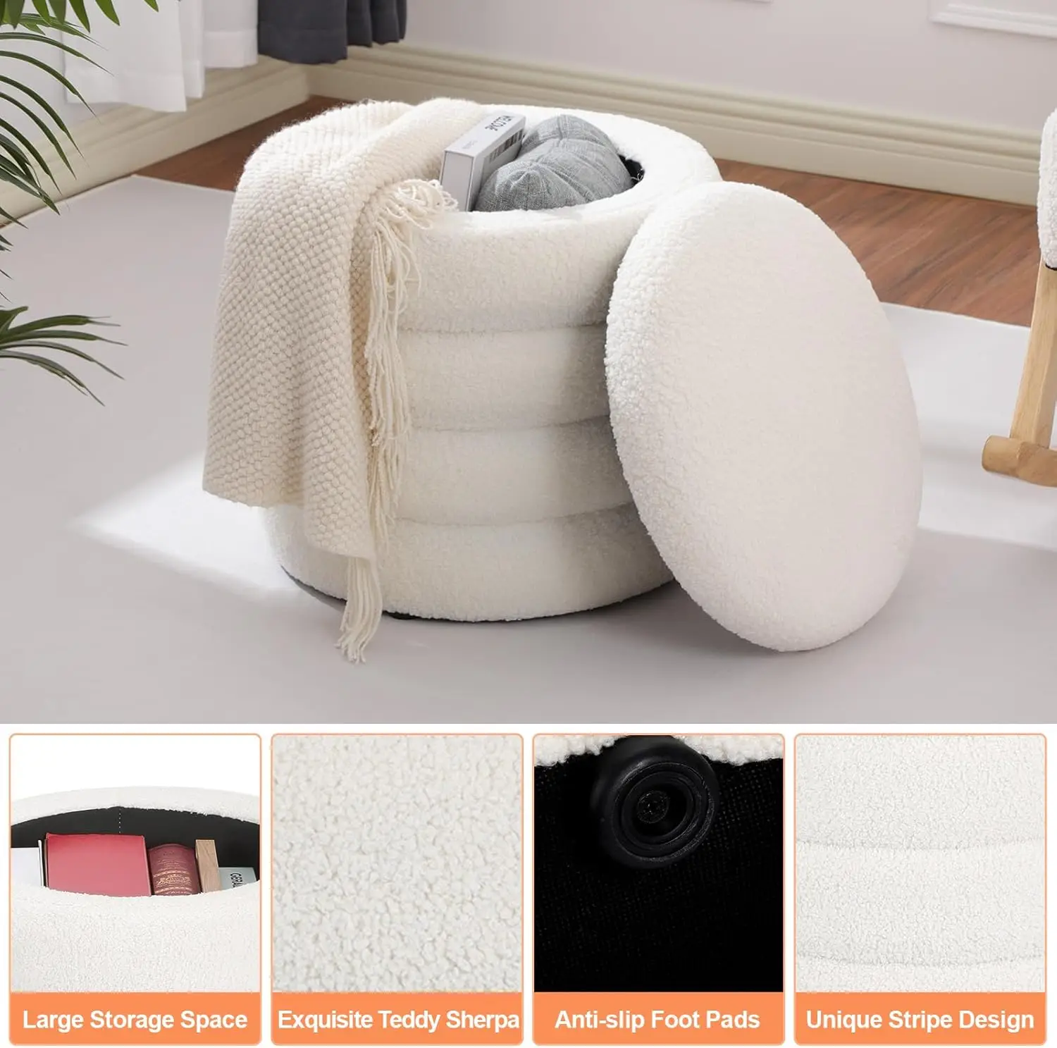 Modern Upholstered Vanity Stool Foot Rest, Small White Boucle Storage Ottoman for Bedroom, Living Room, Entryway, Dorm