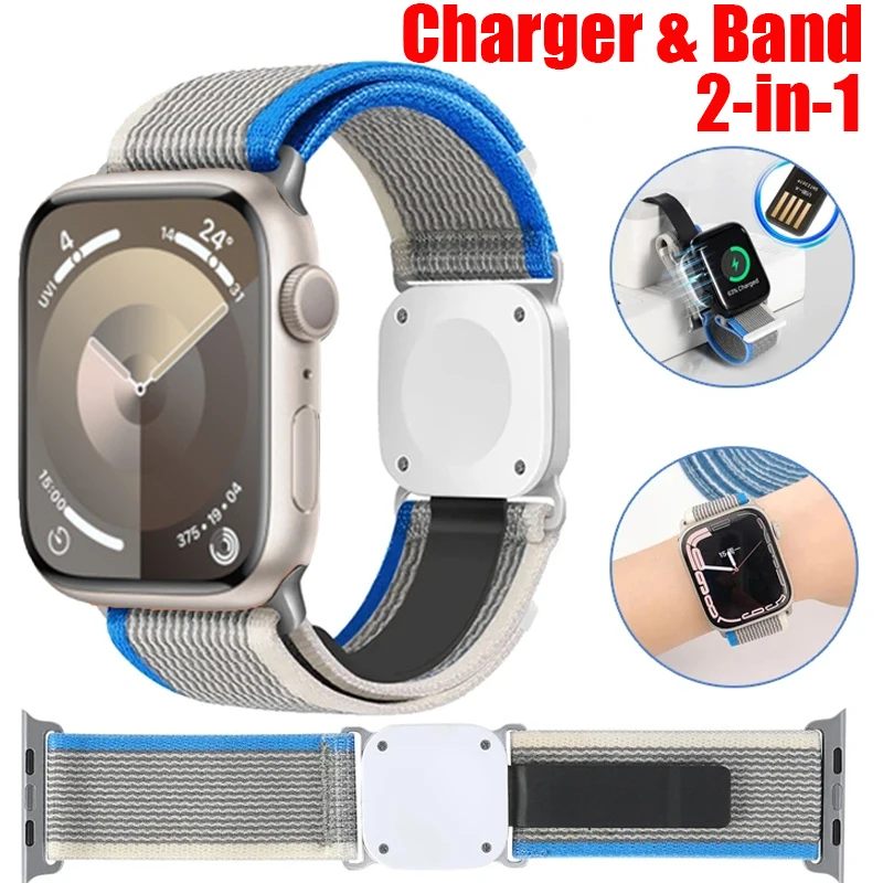 

Ремешок нейлоновый с зарядным USB-портом для Apple Watch, плетеный браслет для iWatch Ultra 2 SE 9 8 7, 49 мм 38 мм 40 мм 41 мм 42 44 мм 45 мм