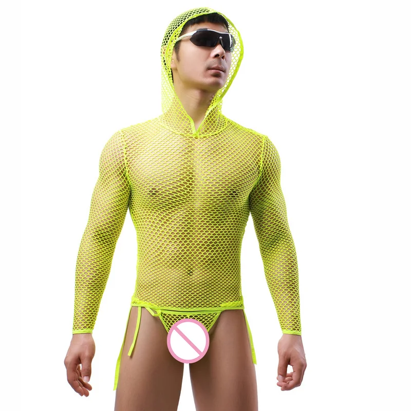 Sexy Mens Undershirts Mesh See Through Long Sleeve Hooded T-shirts Fishnet Underwear Gay Sheer Lace-up Briefs Men Clothes Set