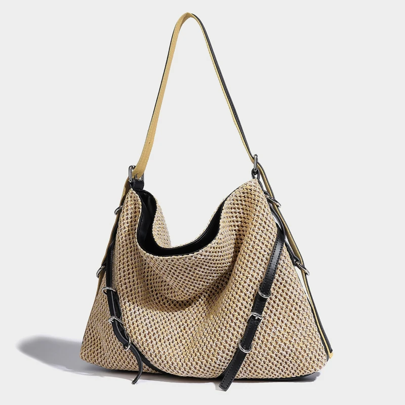 Bolsos de playa estilo Inglaterra para mujer, bolsos de diseño de lujo, carteras, novedad 2024, en papiro, hebilla de cinturón hueca tejida, para debajo del brazo