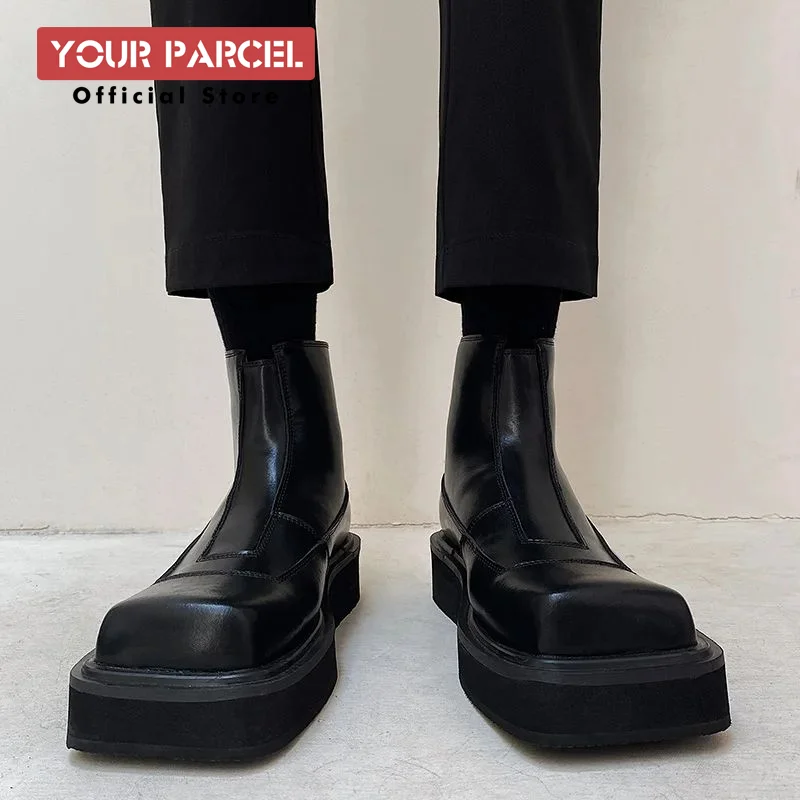 

Retro square toe Chelsea boots, men's thick soled black zippered short boots, Martin boots with a height increase of 4CM