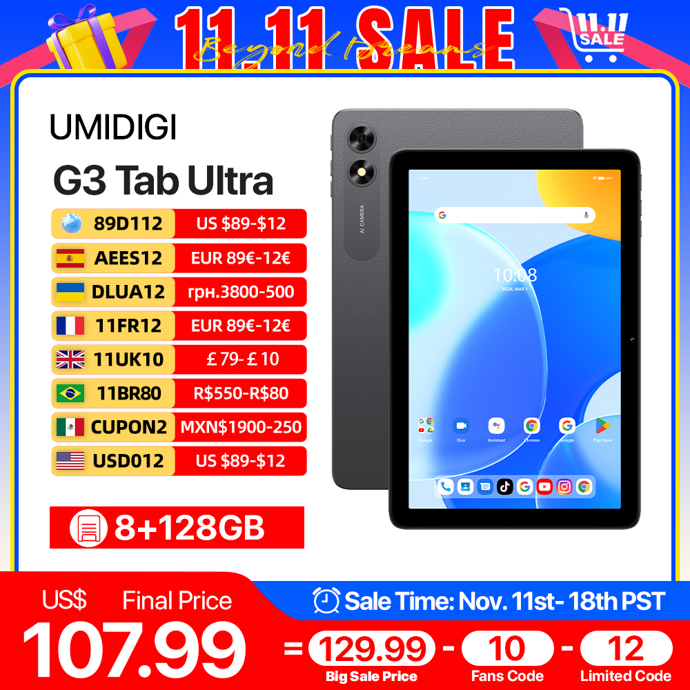 UMIDIGI G3 Tab Ultra MTK G99 Octa-Core 10.1â HD 8+8GB 128GB 1TB TF Expansion Android 13 8MP+8MP 6000mAh Long-Lasting Battery 18W