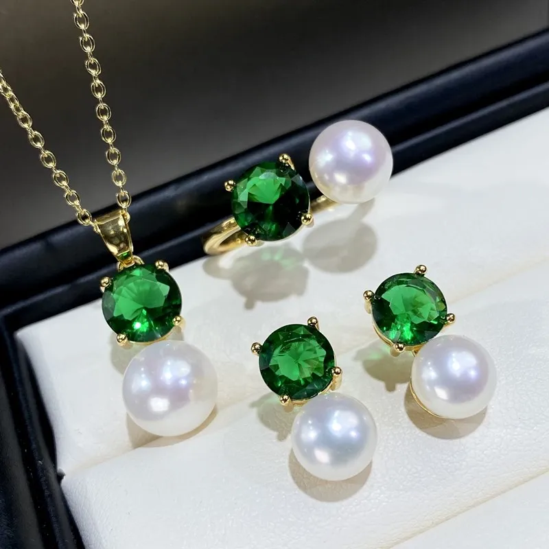 

one set freshwater Pearl white 8-9MM earring ring pendant +green zircon hook WHOLESALE NATURE