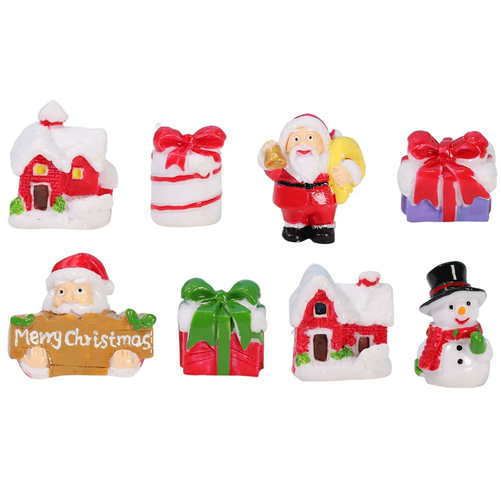 

Christmas Snowman Figurines Resin Santa Claus Miniatures House Gift Box Decor Snowman Castle Snowflake