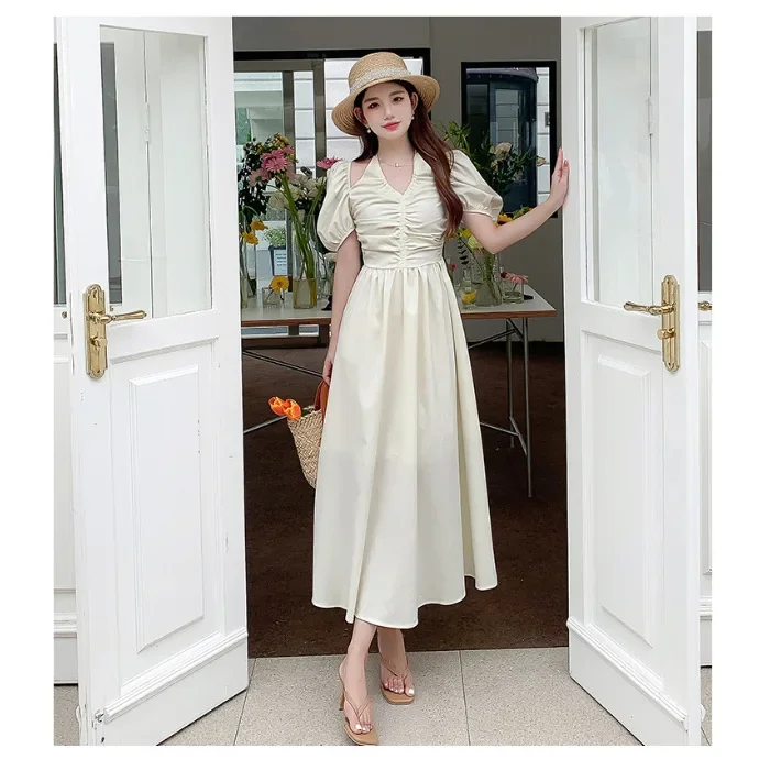 

Summer 2023 new style neck hollowed out design sense dress high waist show thin bubble sleeve a-line skirt gray22