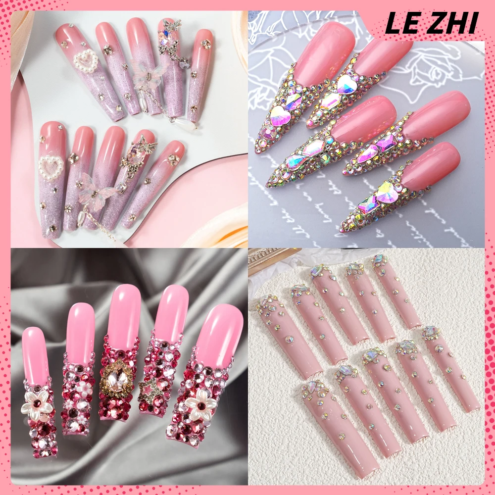 

3XL Rectangular Coffin Water Drop Press on Nails Art Hot Sale Diamond French Glitter Butterfly Handwork Smudged Fake Nails