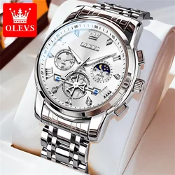 Luxury Moon Phase Quartz Chronograph Watch for Men - Flywheel Design, Waterproof, Luminous, with Calendar (Silver White)