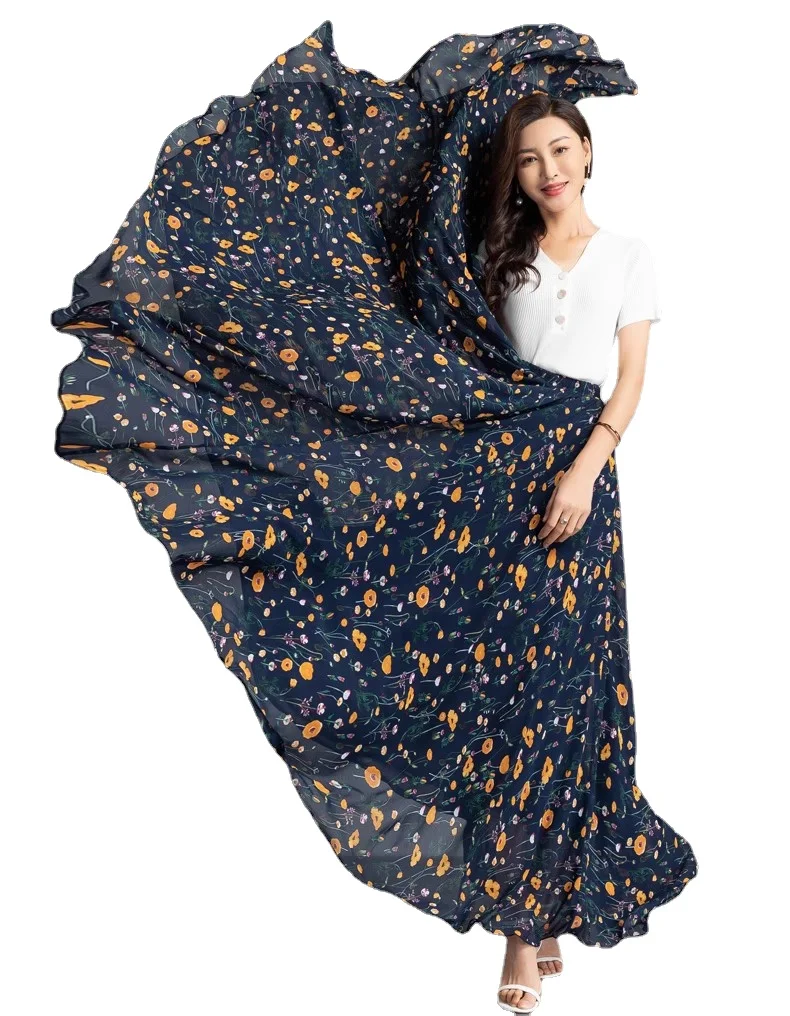 Fashion Women Custom Made Flower Print Long Chiffon Skirt Summer Spring A-Line High Elastic Waisted Bohemian Beach Skirt