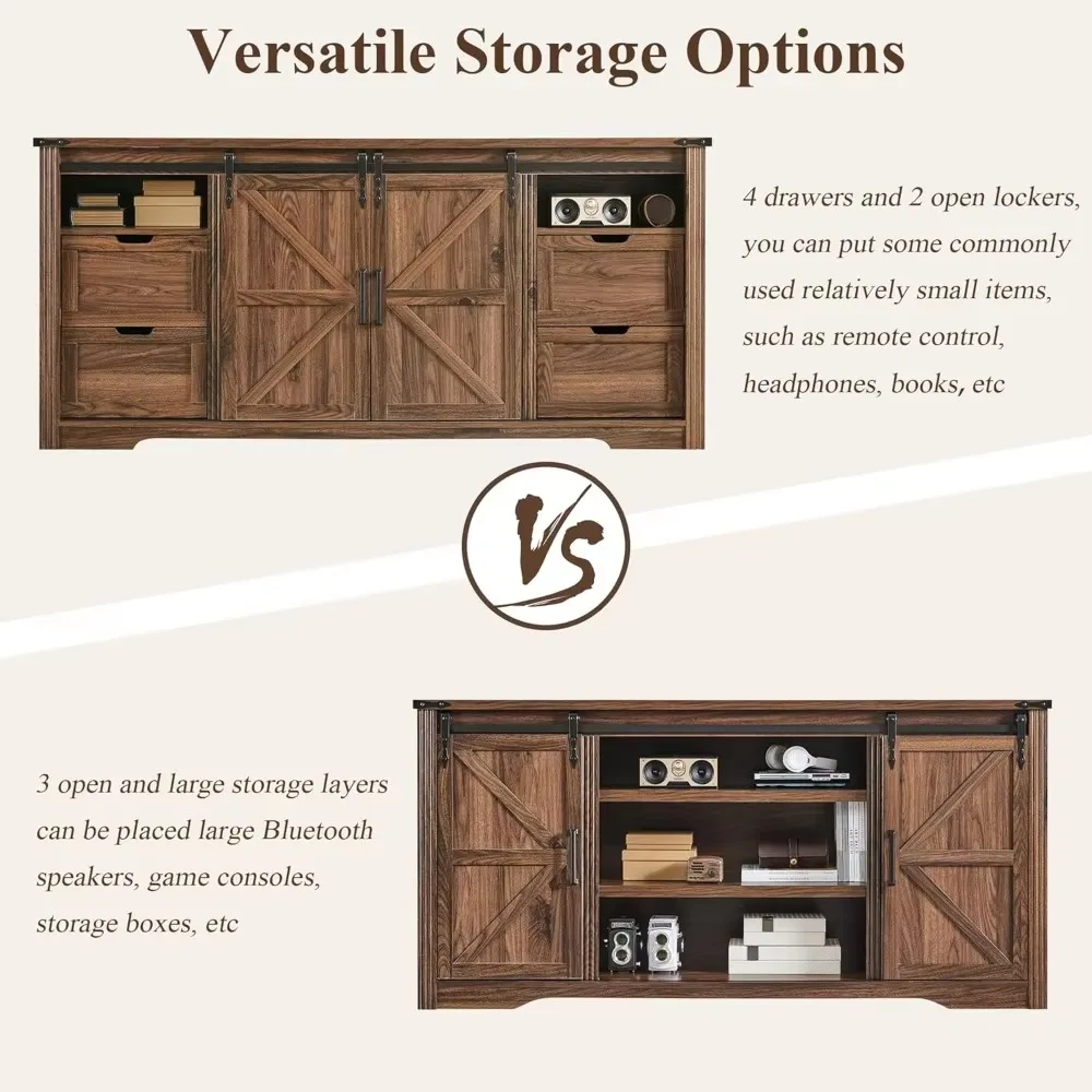 Farmhouse TV Stand for 75+ Inch TV, 32" Tall Entertainment Center w/4 Drawers & Sliding Barn Door, Rustic Media Conso 5