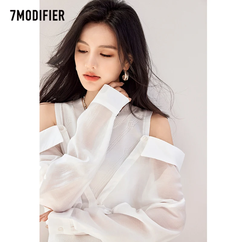 라 차벨 7M 봄 2024 둥근 목 디자인 오프 숄더 패치 워크 셔츠 여성 달콤한 웨스턴 스타일 셔츠 탑 