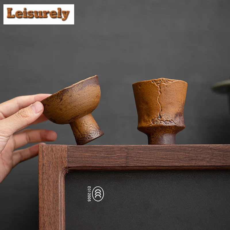 2pc/lot Retro Sauce Glazed Coarse Pottery Teacup Old Rock Mud Master Cup High Feet Meditation Cup Chazhan Mugs Kung Fu Tea Set