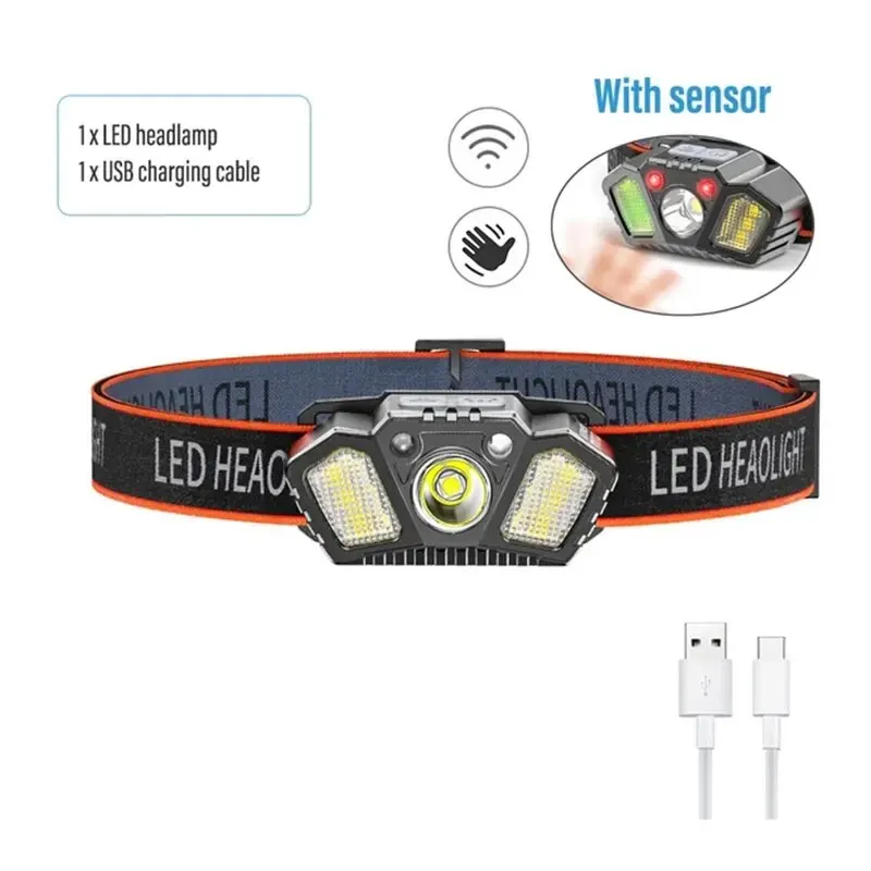 Rechargeable Portable Sensor Headlamp with Gesture Control - 5 Modes, Red Warning Light for Fishing, Camping, and Hiking