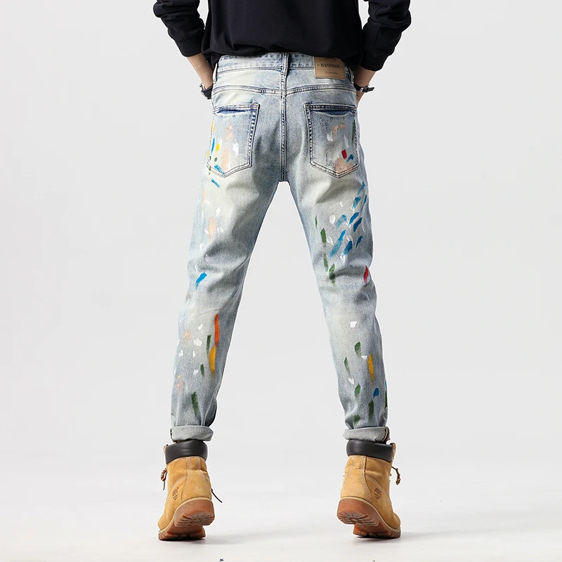 Light luxury fashion brand graffiti men's jeans high-end trend slim straight trousers retro personality casual jeans