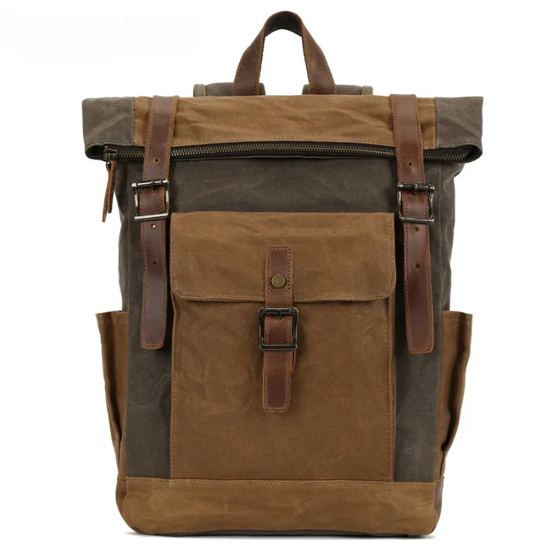 Wax Canvas Backpack genuine leather Outdoor Hiking Bag Waterproof Crazy Horse Leather Men's Bag 2