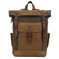 Wax Canvas Backpack genuine leather Outdoor Hiking Bag Waterproof Crazy Horse Leather Men's Bag 2