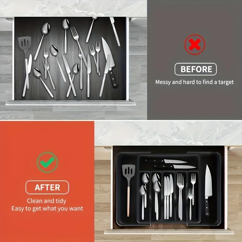 Black/White/Gray Expandable Kitchen Organizer-Ideal for Tableware (Spoons, Forks, Knives)Large，tableware and knife storage box