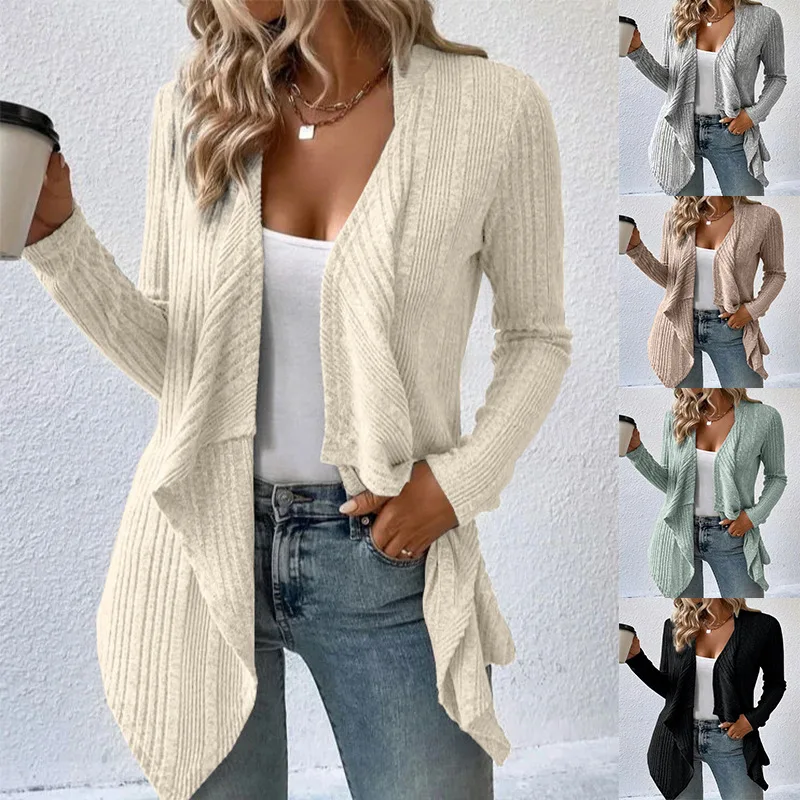 Women Long Sleeve Knitted Asymmetrical Sweater Coat