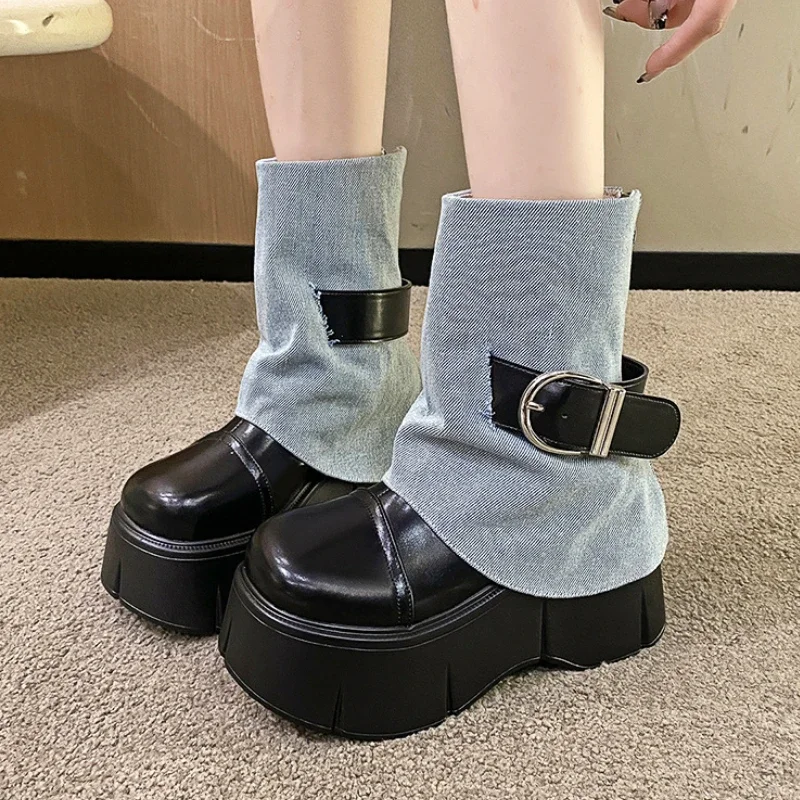 

Cowboy Ankle Boots Women Designer Chunky Motorcycle Boot Pumps Round Toe Thick Sole Metal Buckle Punk Denim Platform Shoes Botas