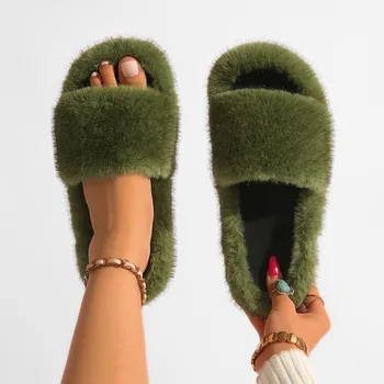 Pantofole con suola morbida in pelliccia sintetica per donna Moda invernale da donna Pantofole in pelliccia di visone finta Scivoli con tacco piatto pelosi Scarpe di visone pelose calde 1