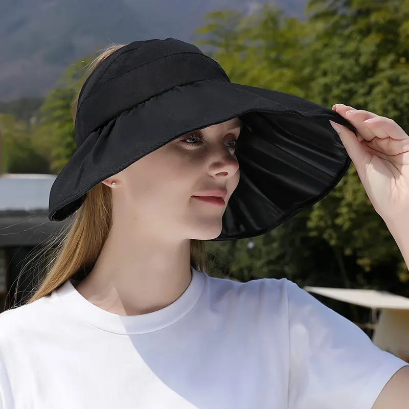 Free Shipping Summer Black Rubber Empty Top Sun Hat Summer Large Eaves Sun Protection Sun Hat Foldable Fisherman's Hat