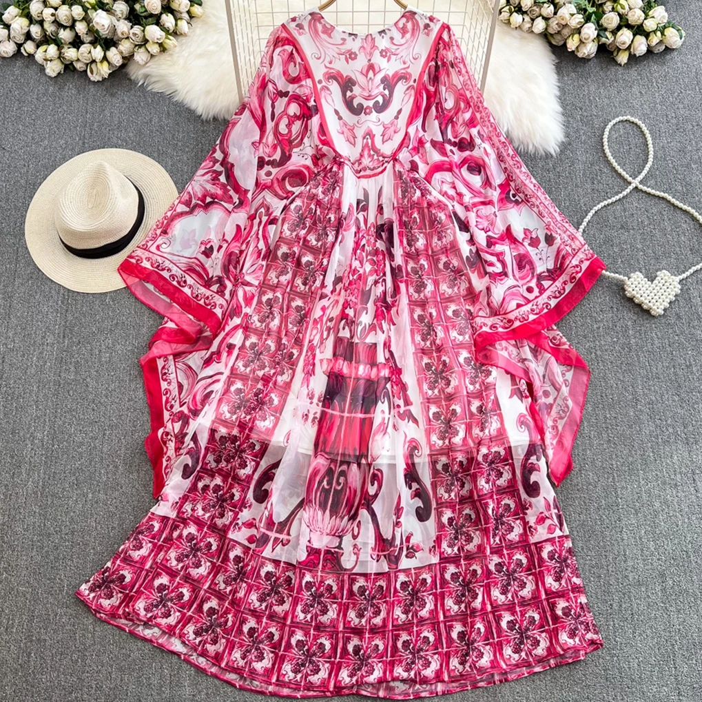 

2023 Vintage Bat Sleeve Round Neck Loose A-line Celadon Positioning Print Elegant Long Dresses Women's Robe Maxi Vestido