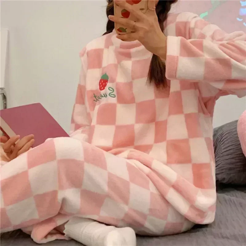 

Cartoon Loung PJ Autumn Night Women Winter Sleepwear Plaid Mujer Homewear Girl Suits Flannel Pijama Pyjamas Pajama Kawaii Sets