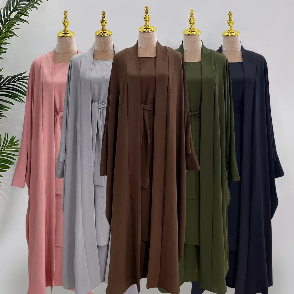 Muslim Sets 2 Piece Matching Abaya Kimono Crinkle Abayas for Women Dubai Turkey Hijab Inner Dress Islam Suits Ramadan Outfits