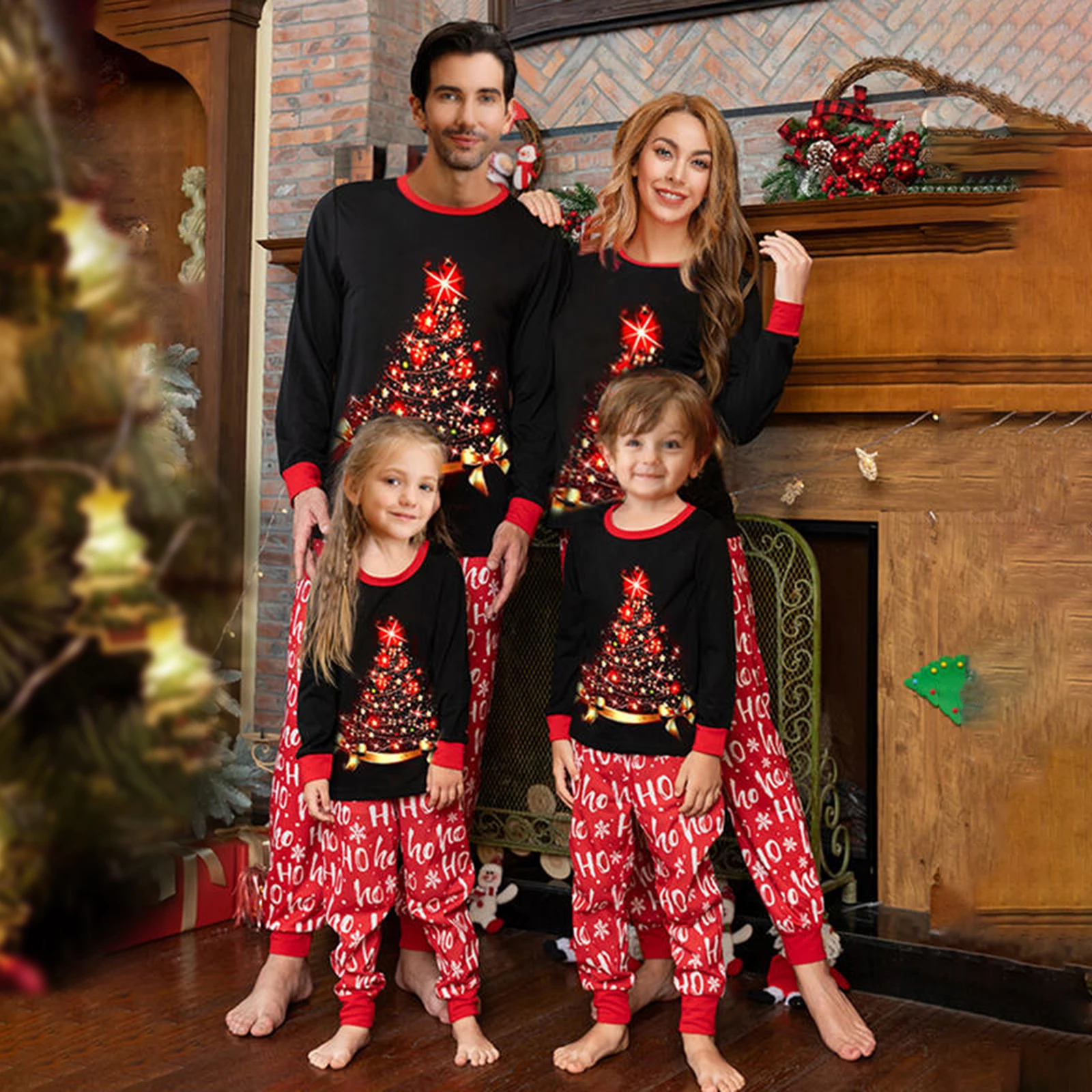 

Family Matching Pajamas Sets Black Long Sleeve Christmas Tree Print Tops + Letter Print Pants Autumn Home Sleep Wear Clothes