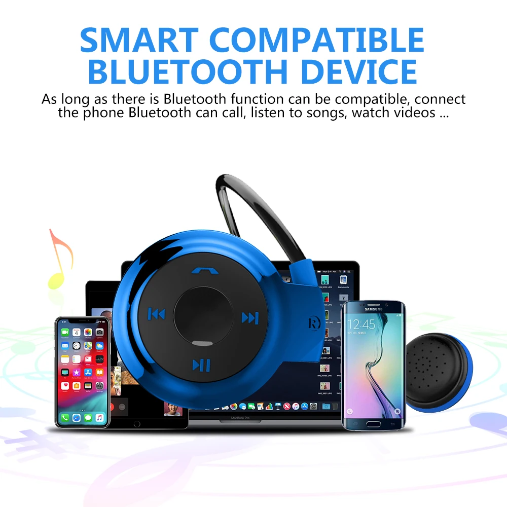 Sport Wireless Bluetooth-compatib Headphones Stereo Earphones Mp3 Music Player Headset Earpiece Micro SD Card Slot Handsfree Mic 2