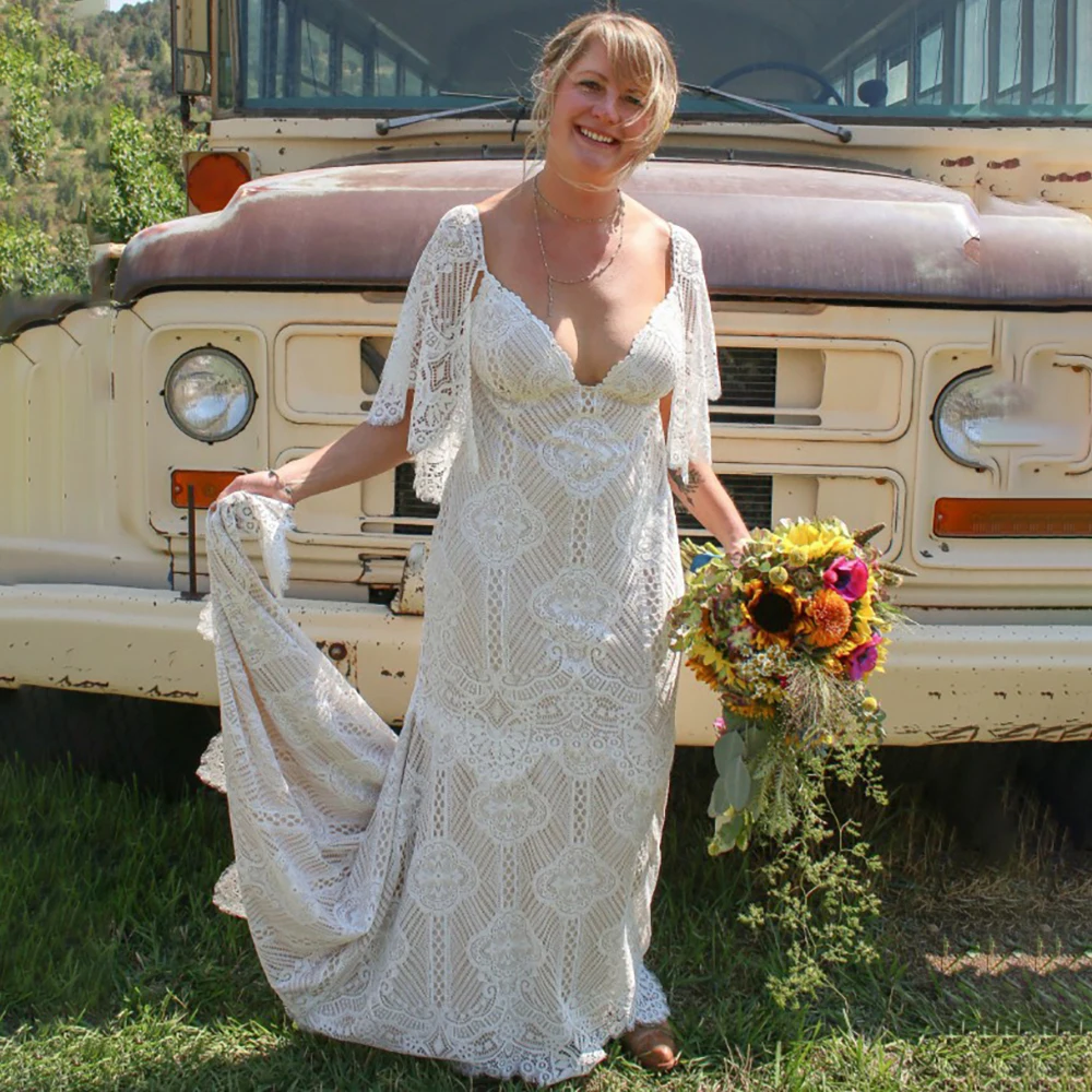 Grandi Maniche Svolazzanti Boho Rustica Elopement Plus Size Abito Da Sposa Custom Made Low Cut Scollo A V Aperto Indietro Abito Da Sposa Sirena