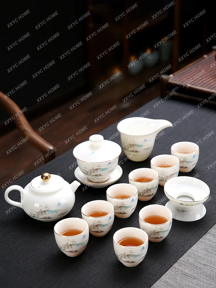 

Enamel Color Kung Fu Tea Set Suit Household High-End White Jade White Porcelain Tea Tea Cup Gaiwan Teapot