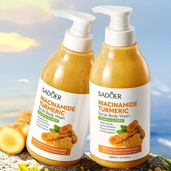 520Ml/Bottle Niacinamide Turmeric Scrub Shower Gel, Rich in Ingredients Such as Niacinamide and Turmeric Extract, with a Smooth and Fine Scrub Texture, Abundant Foam, Gentle Bathing Experience, Cleans Sweat and Other Dirt and Dead Skin Cells That Adhere to the Body, Moisturizes and Brightens the Skin, Leaving It Clean and Fresh, Suitable for All Skin Types.
